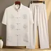 Traje Tang para Hombre de Seda de Hielo Manga Corta Verano Cuello Vertical Estilo Chino Bordado Camisa para Hombre de Mediana Edad y Mayor Hanfu para Papá