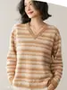 Suéter Base de Cashmere Vintage Fair Isle Color-Blocking Moda Versátil Tricô Jacquard Grosso Manga Longa 26 Outono/Inverno para Mulheres Gola V