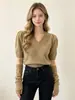 Venta al por mayor transfronteriza desde la fábrica de origen: Suéter de punto corto para mujer, cuello en V, manga abullonada, para otoño e invierno, con mangas desmontables