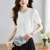 Verano 2025 Nuevo Blanco Nuevo Estilo Chino Camisa de Manga Corta Diseño de Verano para Mujer Plisado Retro Botón Blusa de Gasa