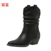 Liu Fu 2026 Outono/Inverno Novas Botas Femininas Retrô de Meia-Panturrilha Tamanho Grande de Comércio Exterior Ponto de Venda WISH Amazon Botas de Couro Europeias e Americanas