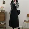 Vestido Largo Patchwork Estilo Francés Transfronterizo Bloques de Color con Solapa y Diseño Ceñido a la Cintura, Nuevo Estilo Otoño e Invierno, Vestido de Manga Acampanada Falso Dos Piezas para Mujer