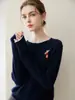 Cardigan de Tricô 100% Caxemira Feminino Novo Outono 2026 Gola Redonda Botões Bordado Quente Solto