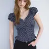 Top de Moda Nuevo Estilo Francés a Cuadros Bloques de Color Manga Abullonada Fruncida Cuello en V Sexy Camiseta Adelgazante