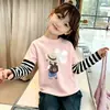 Algodão Puro Primavera e Outono Estilo Fino Meninas Patchwork Camada Base Camisa Tendência Estilo Coreano Bebê Estiloso Fofo Desenho Animado Divertido Gola Redonda Manga Longa