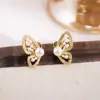 Brincos de Borboleta Vazada com Pérola Banhados a Ouro Real Micro-Incustados Estilo Dama Elegante Francesa Brincos de Moda Doces para Mulheres