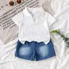 Comércio Exterior Transfronteiriço Estilo Coreano Verão Novo Estilo Casual Gola Lapela Tricô Camiseta e Shorts Jeans Conjunto de Duas Peças para Bebês e Crianças Pequenas