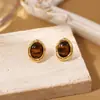 Pendientes Ovalados de Perlas de Alta Gama con Pasador de Plata S925 Pendientes de Ojo de Gato Pequeños Exquisitos Modernos Versátiles Pendientes de Piedra Ojo de Tigre