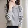 Top versátil de punto 100% algodón, nuevo estilo primavera y otoño, cuello polo, manga larga, color liso, corte holgado, camiseta interior adelgazante para mujer