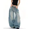 Calça Reta Soltinha Estilo Americano Transfronteiriça com Fivela de Avião Vintage, Jeans Casual de Perna Larga Lavado