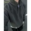 Moletom retrô com meia-botoadura, gola virada, caimento solto, ombros caídos, cor sólida, estilo casual de rua, unissex, top casual versátil de manga longa