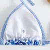 Porcelana Azul y Blanca Nuevo Bikini de Tres Puntos Divididos de Comercio Exterior Traje de Baño para Mujer Sexy Espalda Descubierta Cuello con Cordones Traje de Baño Biki