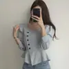 Enviado Corea moda chic personalidad dobladillo dividido cuello cuadrado manga larga camisa top ajustado ropa de mujer 26230