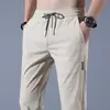 Calça Casual Esportiva Masculina, Seda de Gelo, Estilo Fino de Verão, Calça Longa Versátil Tendência com Cintura Elástica de Perna Reta, Calça Larga Lisa