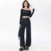 Jeans de pierna ancha sueltos estilo americano de mezclilla azul transfronterizos para mujer, otoño 2026, con un corte recto holgado, relajado y casual que llega hasta el suelo.