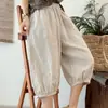 Calças casuais de algodão e linho de verão estilo lanterna para mulheres, shorts soltos de cor sólida simples e versáteis, calças harém retrô de cinco pontos plus size