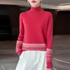 Suéter de tricô feminino 100% lã com gola alta abotoada, espessado, novo estilo outono e inverno, padrão Fair Isle, manga longa, moderno e estiloso