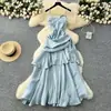 Estilo Francês Estilo Deusa Design Gola Quadrada Sem Alças Alça Cintura Franzida Vestido com Babados Vestido Feminino