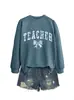 Amazon Ebay Sitio Independiente Estilo Casual Sudadera para Mujer Maestra Azul Floral Lazo Otoño e Invierno