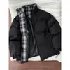 Jaqueta acolchoada de algodão com retalhos xadrez transfronteiriça para homens, casaco puffer quente estilo americano de inverno, corte slim