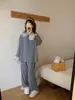 Conjunto de Pijama de Punto de Algodón Dulce Estilo Coreano para Otoño e Invierno con Cuello de Solapa, Holgado y Cómodo
