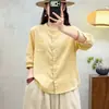 Temperamento Artístico Casual Verão Novo Estilo Manga Média Versátil Cardigan Versátil Emagrecedor Algodão Linho Manga Meia-Manga Camisa Top Roupa Feminina