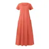 Vestido Feminino Transfronteiriço Europeu e Americano Amazon Cor Sólida Gola Redonda Manga Curta Bainha Longa Solta