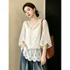 Blusa jacquard bohemia de talla grande para mujer, con cuello en V, manga corta y encaje, holgada y adelgazante para el verano