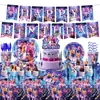 Louças Temáticas de Grupo de Meninas Caçadoras de Demônios Azuis de K-Pop, Pratos de Papel, Copos de Papel, Toalhas de Mesa, Bandeiras, Suprimentos para Decoração de Festa de Aniversário