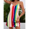 Foto Real de Vestido Corto de Tirantes Rayas Arcoíris Caliente Nuevo Verano 2025 para Mujer Europeo y Americano