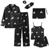 Pijama Delgado Estilo Ins Transfronterizo de Comercio Exterior para Mujer, Conjunto de Siete Piezas para Primavera y Otoño, Ropa de Casa con Patrón de Grulla, Pijama Delgado para Todas las Estaciones