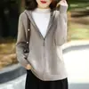 Jaqueta com capuz de malha feminina estilo coreano 2026 nova outono e inverno com bolso com zíper casual solta de manga longa