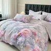Juego de cuatro piezas de algodón 100% de fibra larga, grosor aumentado, cepillado, con estampado floral grande, de alta gama, que incluye funda de edredón, sábana bajera y ropa de cama