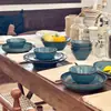 Azul Retro Horno Bajo Esmalte Cerámica Francesa Tazón de Arroz Hogareño de Porcelana Tazón para Arroz Tazón para Fideos Plato Plano