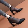 Botas Sexy de Tela com Bico Fino e Recortes para Mulheres 2026 Novo Estilo Salto Bloco Botas Curtas Primavera e Verão Salto Alto Sandálias Versáteis