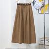 Saia de Veludo Cotelê Retrô Maillard para Mulheres, Outono e Inverno Cáqui Estilo Casual com Cinto, Saia Midi Plissada A-Line