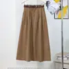 Saia Retro de Veludo Cotelê para Mulheres, Outono e Inverno, Cor Cáqui, Estilo Casual com Cinto, Saia Plissada de Linha A de Comprimento Médio