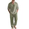 Ropa de casa casual de estilo americano para hombre, de lino, holgada, para primavera y otoño, con diseño de cuello en V, manga larga y pantalón largo.