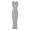 Vestido azul de gola quadrada sem mangas com temperamento para mulheres, fenda nas costas, corte justo, colado ao corpo, sexy, que marca o quadril, vestido midi