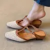 Versión de cuero~Sandalias huecas estilo francés para mujer, modelo nuevo con tacón grueso, adecuadas para combinar con faldas, zapatos Mary Jane poco profundos de una sola tira tejida