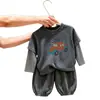 Conjunto de duas peças para bebês meninos, com top listrado de manga longa e calça cropped casual, estilo cartoon, novo para primavera e outono de 2026