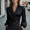 Nuevo Top de Satén con Cuello en V, Cintura de Corbata, Temperamento, para Mujer, Sitio Independiente de Amazon Europeo y Americano