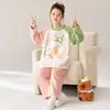 Pijama de Franela Cálido de Dibujos Animados para Niñas de Invierno, Ropa de Casa para Niños, Cuello Redondo, Forro Polar, Engrosado, Conjunto de Ropa de Dormir de Manga Larga