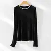 Colección Primavera 2026 Tencel Lana Cachemir Cómodo Alta Elasticidad Cuello Redondo Bloque de Color Falso Dos Piezas Camiseta Base Top Casual para Mujer