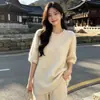 Suéter de punto de lana cepillada, corte relajado, holgado, de manga tres cuartos para mujer; suéter de manga corta y cuello redondo; elegante top de punto