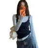 Chique e única T-shirt azul de manga comprida de duas peças estilo coreano para mulheres, perfeita para o início do outono, uma blusa deslumbrante e bonita para usar sozinha