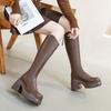 Botas Mosqueteras de Tacón Ancho para Mujer 2025, Botas de Equitación de Tacón Alto de Primavera, Botas Adelgazantes de Suela Gruesa, Rojo Vino
