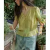 Camisa Soljghter de Lyocell Francês com Decote V e Babados Camisa com Cintura de Renda