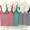 Camisola de Seda Gelada para Mulheres, Regata de Tricô Listrada de Verão, Top Fino Sem Mangas Retro Francês de Caimento Justo
