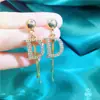 Pendientes Largos con Borla Geométrica Full Diamante para Mujer B515 S925 Aguja de Plata Estilo Coreano Moda Versátil Modernos Colgantes de Oreja Estilo Hong Kong